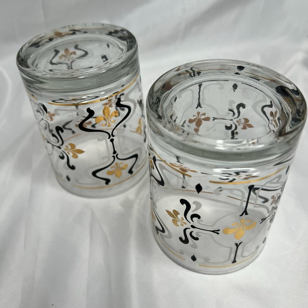 🥃 2 Lowball Rocks Old Fashioned Glasses Black Gold Fleur-de-lis vintage EUC MCM - Picture 8 of 16